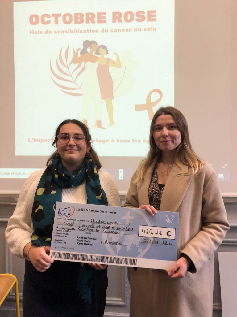 Élèves du lycée Sacré Cœur remettant un chèque de don à la Ligue contre le cancer